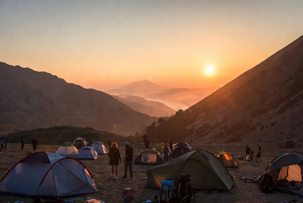 Abenteuer-Camping mit Zelten in den Bergen bei Sonnenuntergang